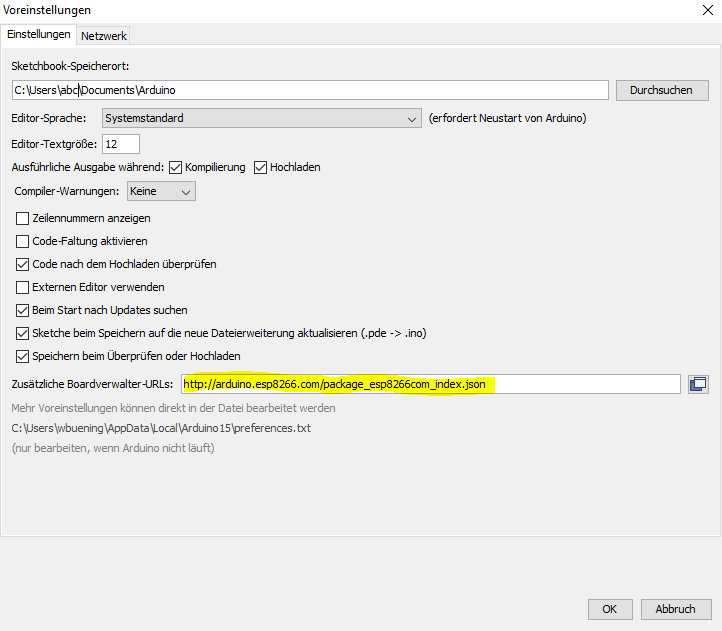 Arduino IDE Voreinstellungen